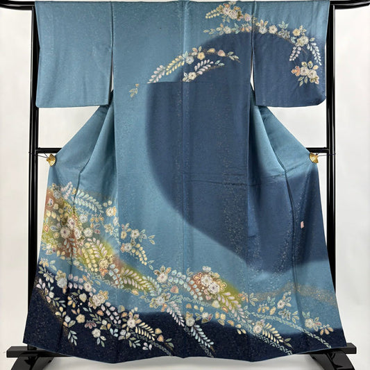 訪問服 身長160cm 袖長65cm M 雙層 德永憲峯 落款あり 辻花染 金通し 漸層 水色 純蠶絲 逸品級