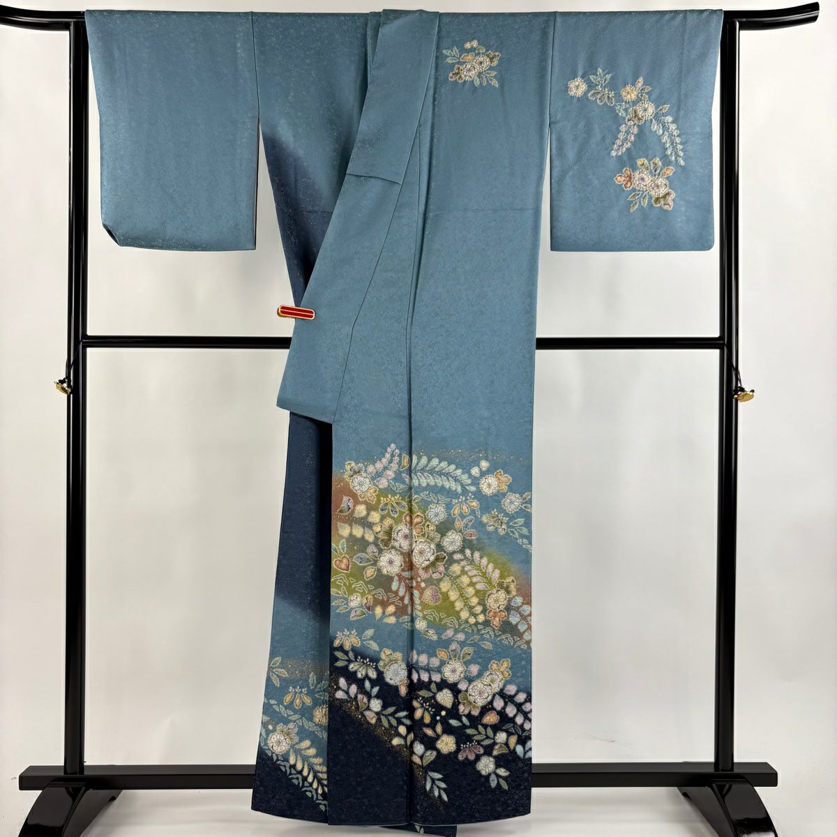訪問服 身長160cm 袖長65cm M 雙層 德永憲峯 落款あり 辻花染 金通し 漸層 水色 純蠶絲 逸品級