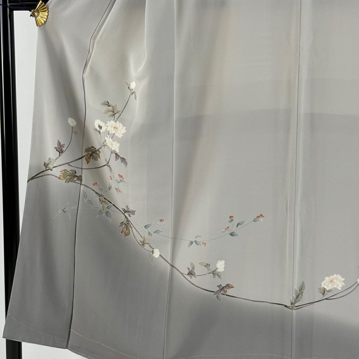 訪問服 身長154cm 袖長64cm M 雙層 百貫達雄 落款あり 枝花 霞 漸層 灰色 純蠶絲 逸品級 一つ紋