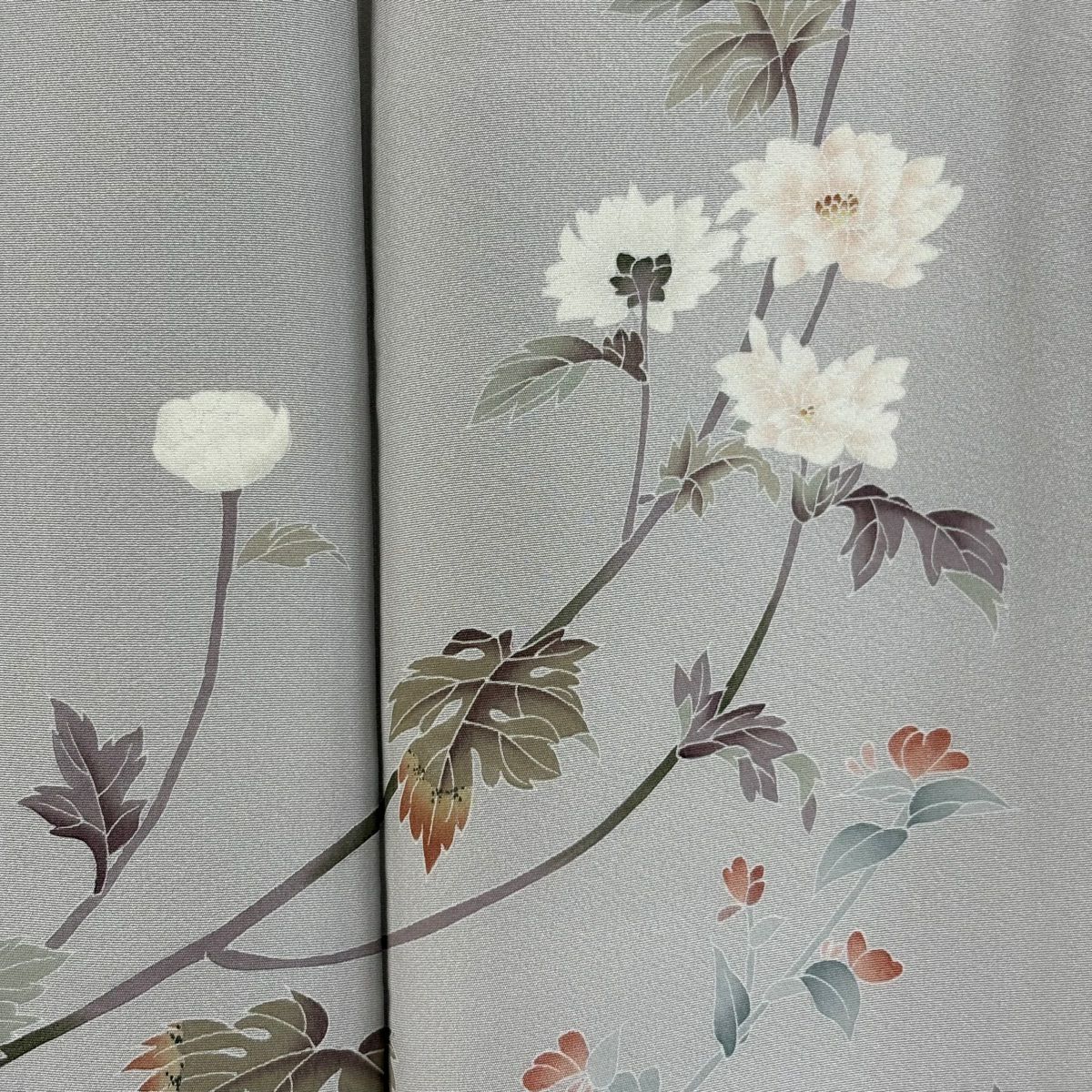 訪問服 身長154cm 袖長64cm M 雙層 百貫達雄 落款あり 枝花 霞 漸層 灰色 純蠶絲 逸品級 一つ紋