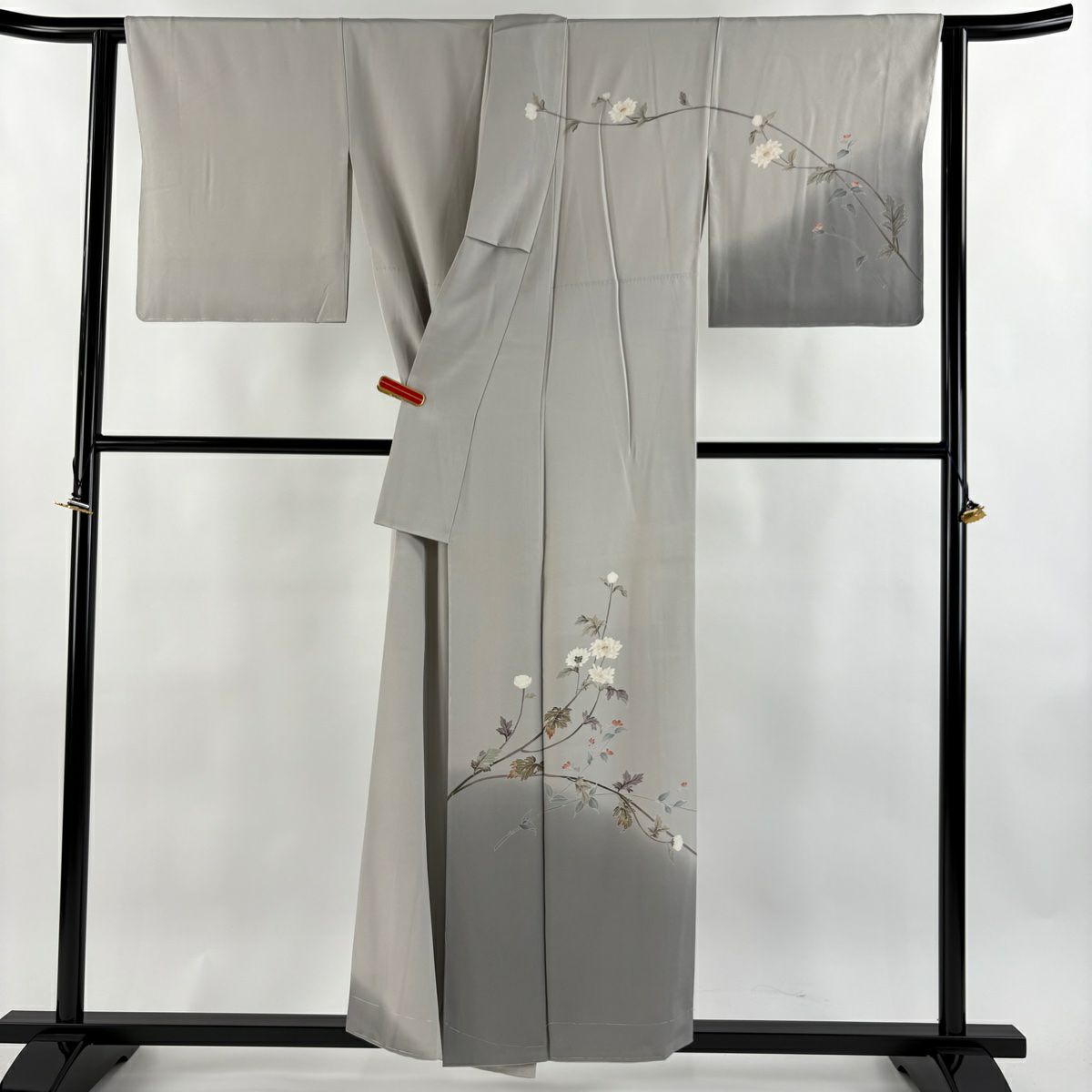 訪問服 身長154cm 袖長64cm M 雙層 百貫達雄 落款あり 枝花 霞 漸層 灰色 純蠶絲 逸品級 一つ紋