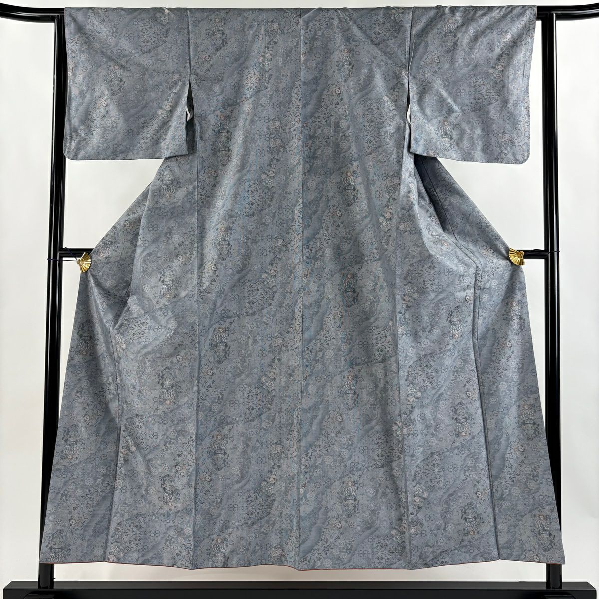【美品】 大島紬織 身長153.5cm 袖長62.5cm S 雙層 都喜ヱ門 證書附帶 草花紋紋 霞 青灰 純蠶絲 逸品級