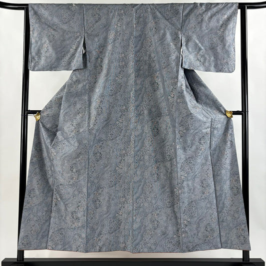 【美品】 大島紬織 身長153.5cm 袖長62.5cm S 雙層 都喜ヱ門 證書附帶 草花紋紋 霞 青灰 純蠶絲 逸品級