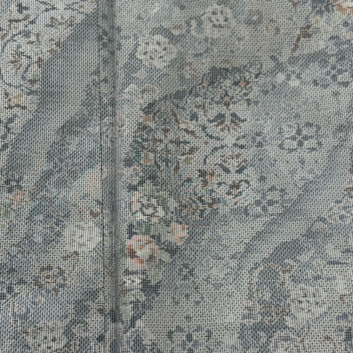 【美品】 大島紬織 身長153.5cm 袖長62.5cm S 雙層 都喜ヱ門 證書附帶 草花紋紋 霞 青灰 純蠶絲 逸品級