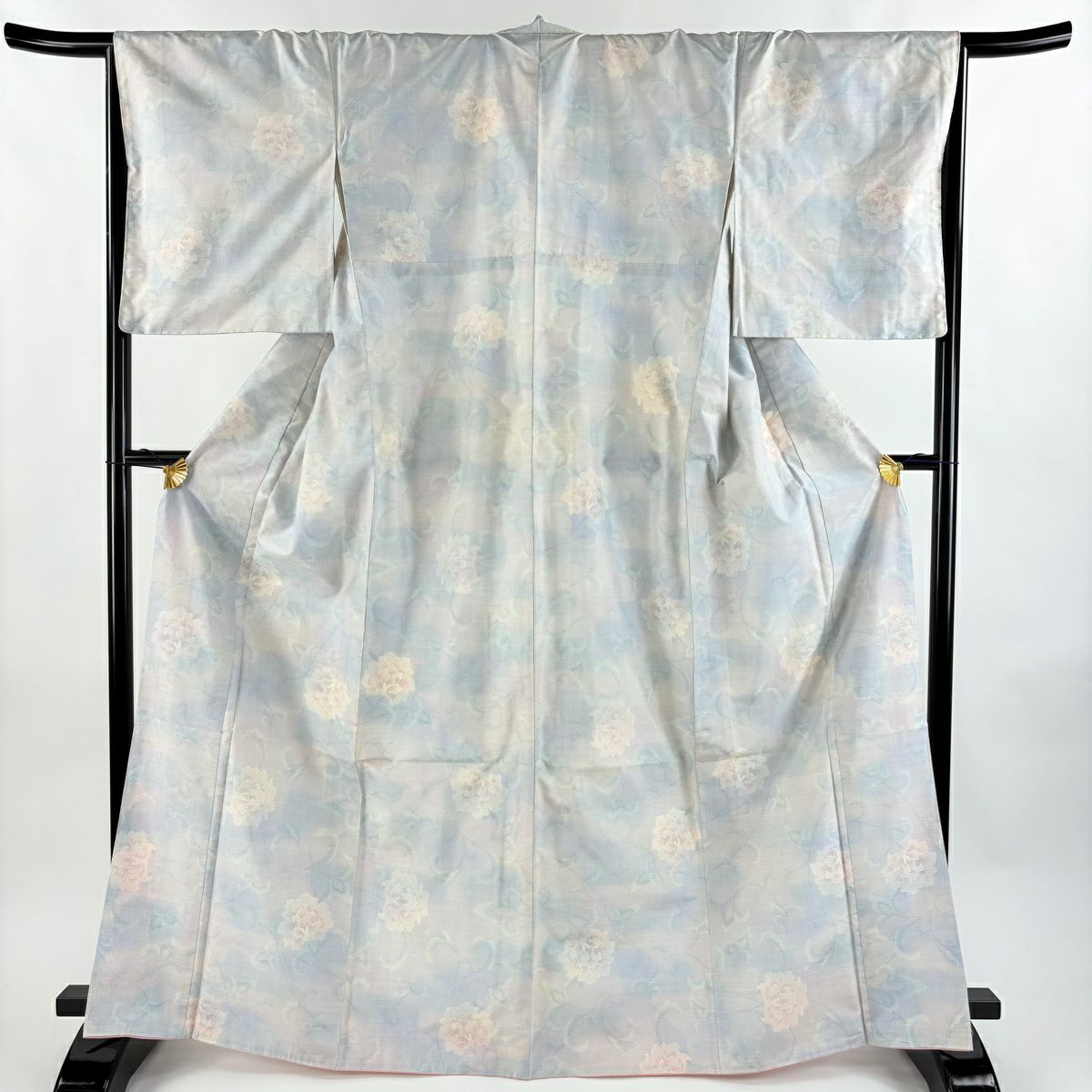 大島紬織 身長166.5cm 袖長67.5cm L 雙層 都喜ヱ門 藤白泥 證書齊全 花唐草紋 青灰色 純蠶絲 逸品級