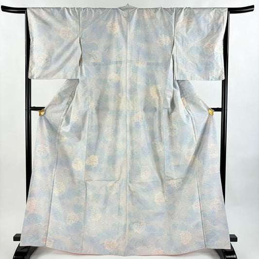 大島紬織 身長166.5cm 袖長67.5cm L 雙層 都喜ヱ門 藤白泥 證書齊全 花唐草紋 青灰色 純蠶絲 逸品級