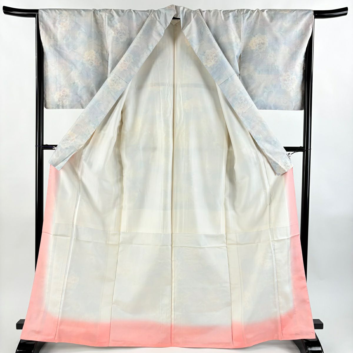 大島紬織 身長166.5cm 袖長67.5cm L 雙層 都喜ヱ門 藤白泥 證書齊全 花唐草紋 青灰色 純蠶絲 逸品級
