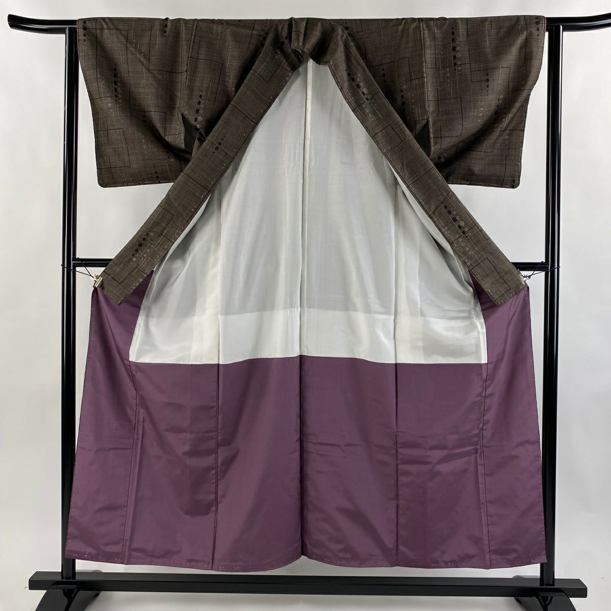 【美品】 紬織 身長154.5cm 袖長62.5cm S 雙層 幾何圖案 焦茶 純蠶絲 秀品級