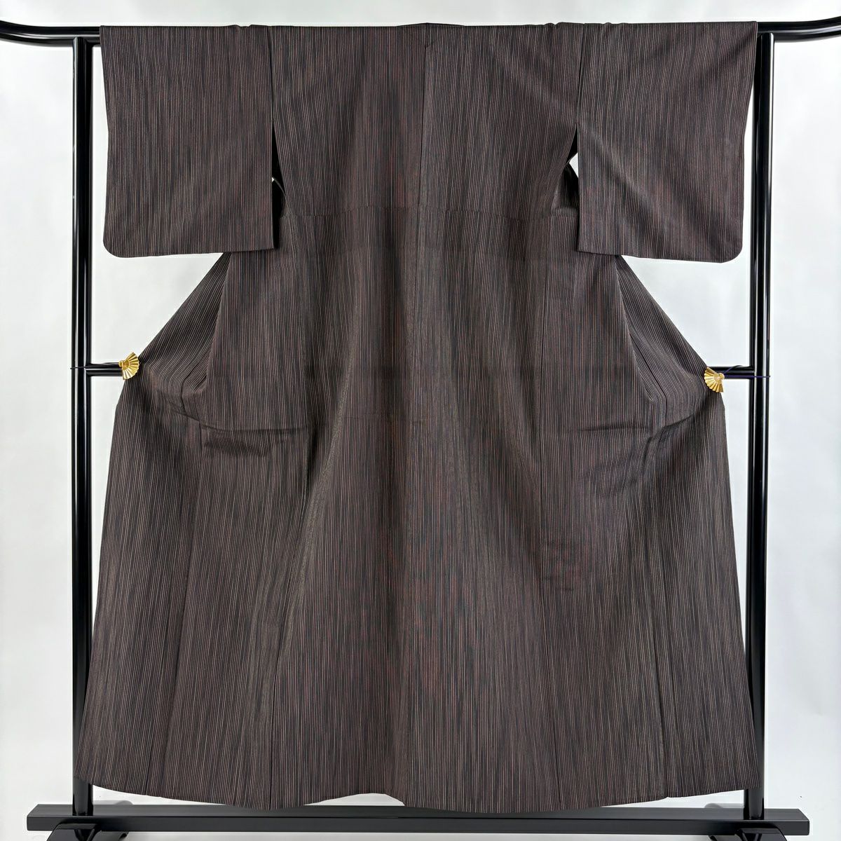 【美品】 紬織 身長154.5cm 袖長62cm S 單層 縱條 墨色 純蠶絲 秀品級