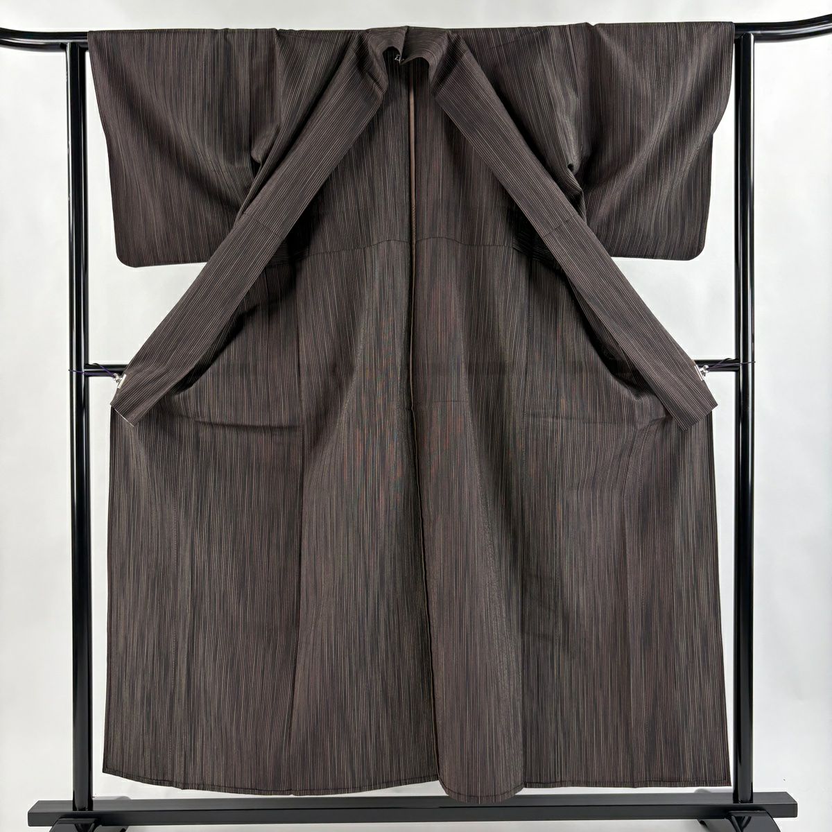 【美品】 紬織 身長154.5cm 袖長62cm S 單層 縱條 墨色 純蠶絲 秀品級
