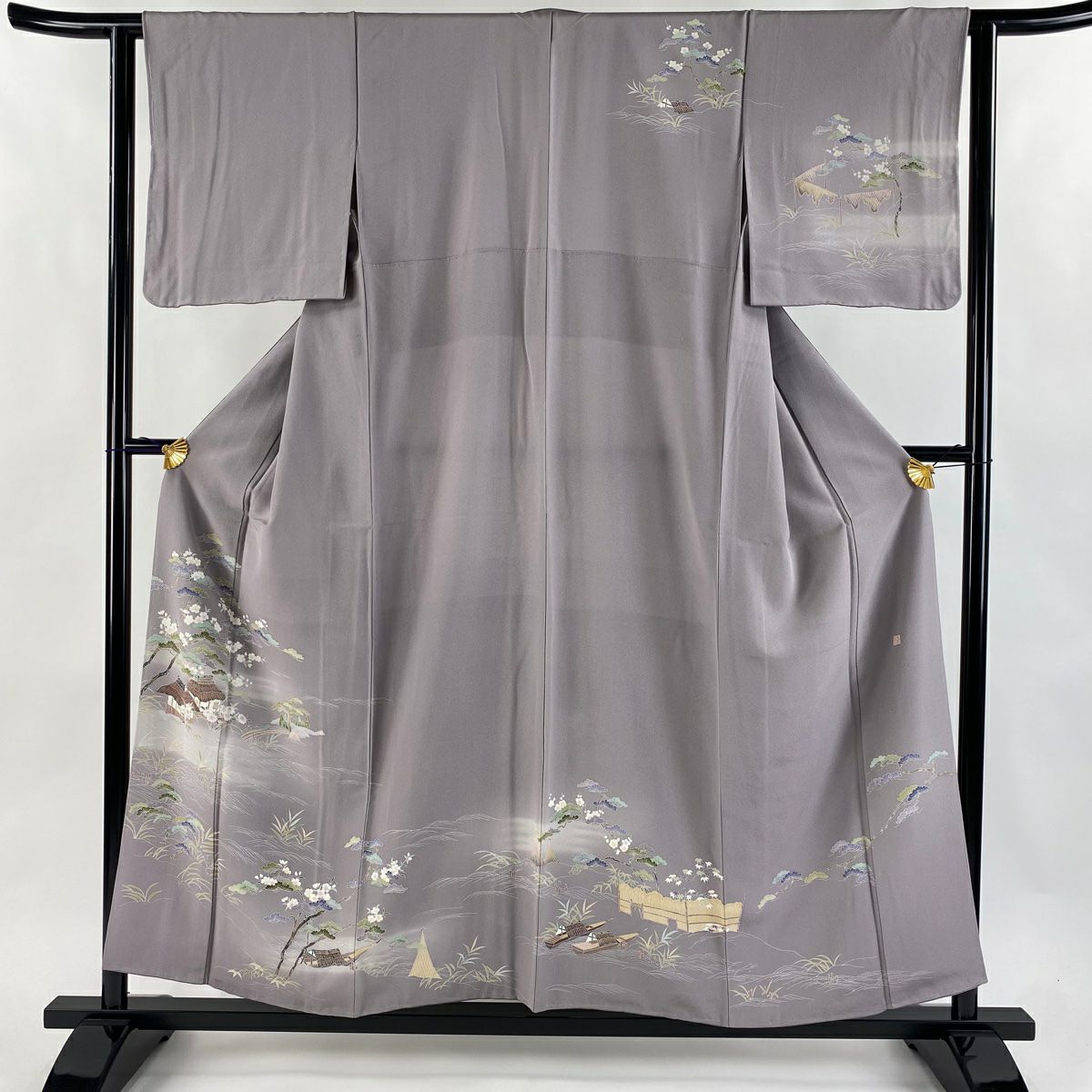訪問服 身長155.5cm 袖長62.5cm S 雙層 落款あり 家屋 松樹竹子梅花 漸層 灰紫 純蠶絲 秀品級