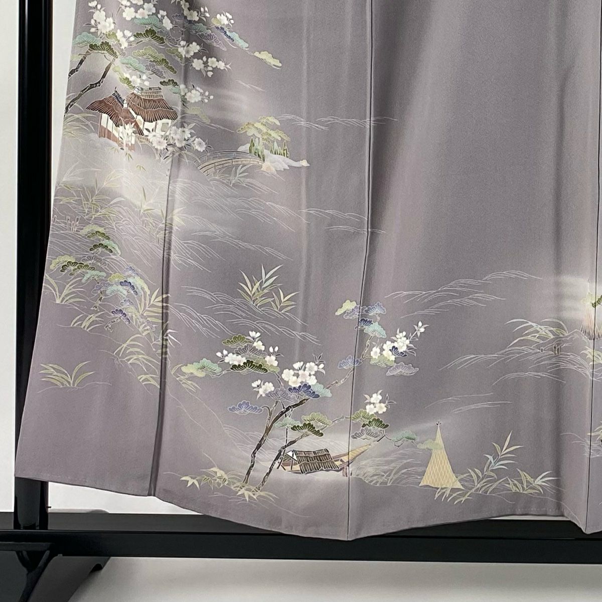 訪問服 身長155.5cm 袖長62.5cm S 雙層 落款あり 家屋 松樹竹子梅花 漸層 灰紫 純蠶絲 秀品級