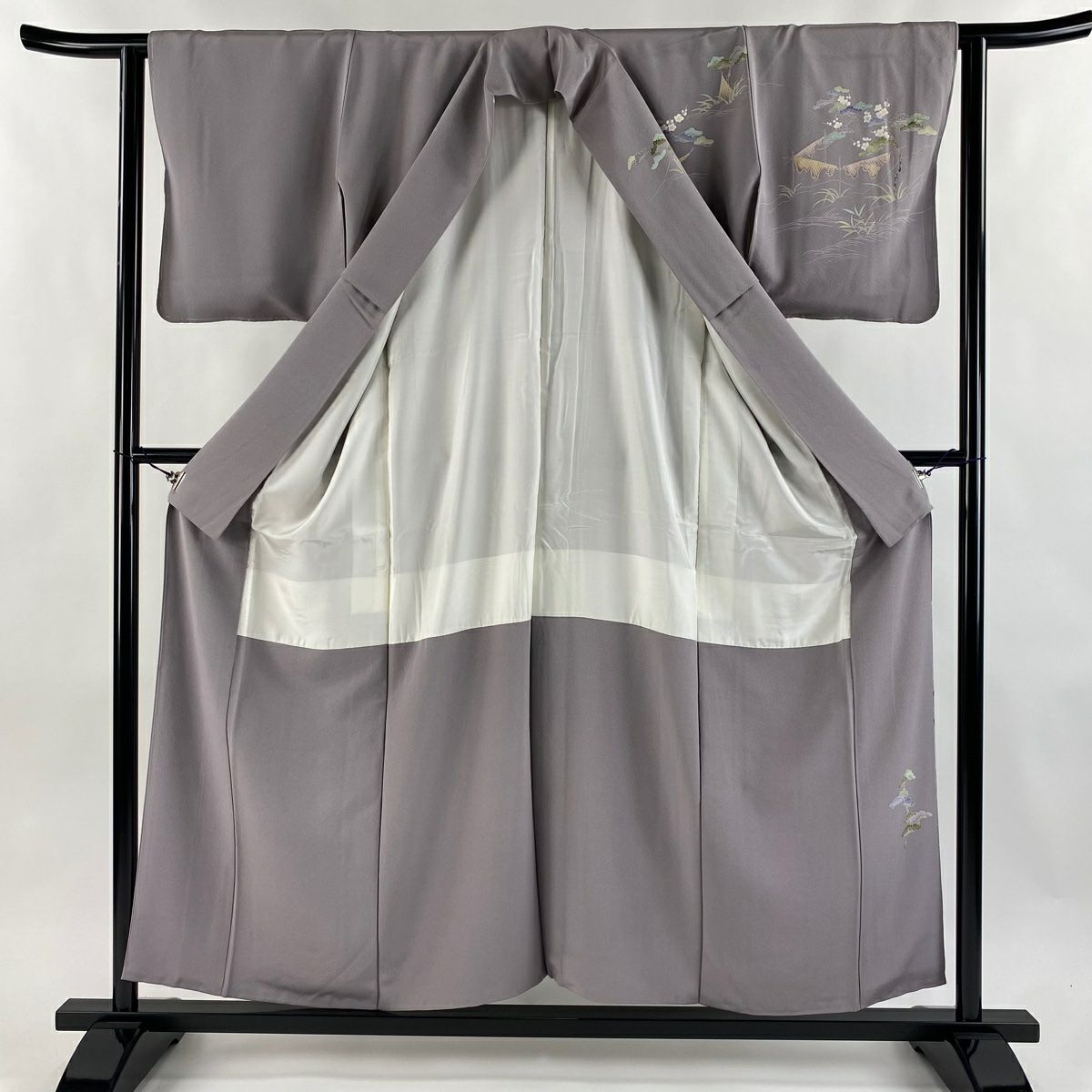 訪問服 身長155.5cm 袖長62.5cm S 雙層 落款あり 家屋 松樹竹子梅花 漸層 灰紫 純蠶絲 秀品級