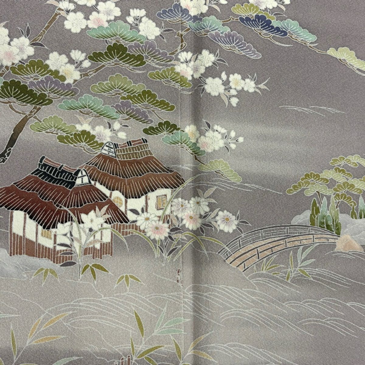 訪問服 身長155.5cm 袖長62.5cm S 雙層 落款あり 家屋 松樹竹子梅花 漸層 灰紫 純蠶絲 秀品級