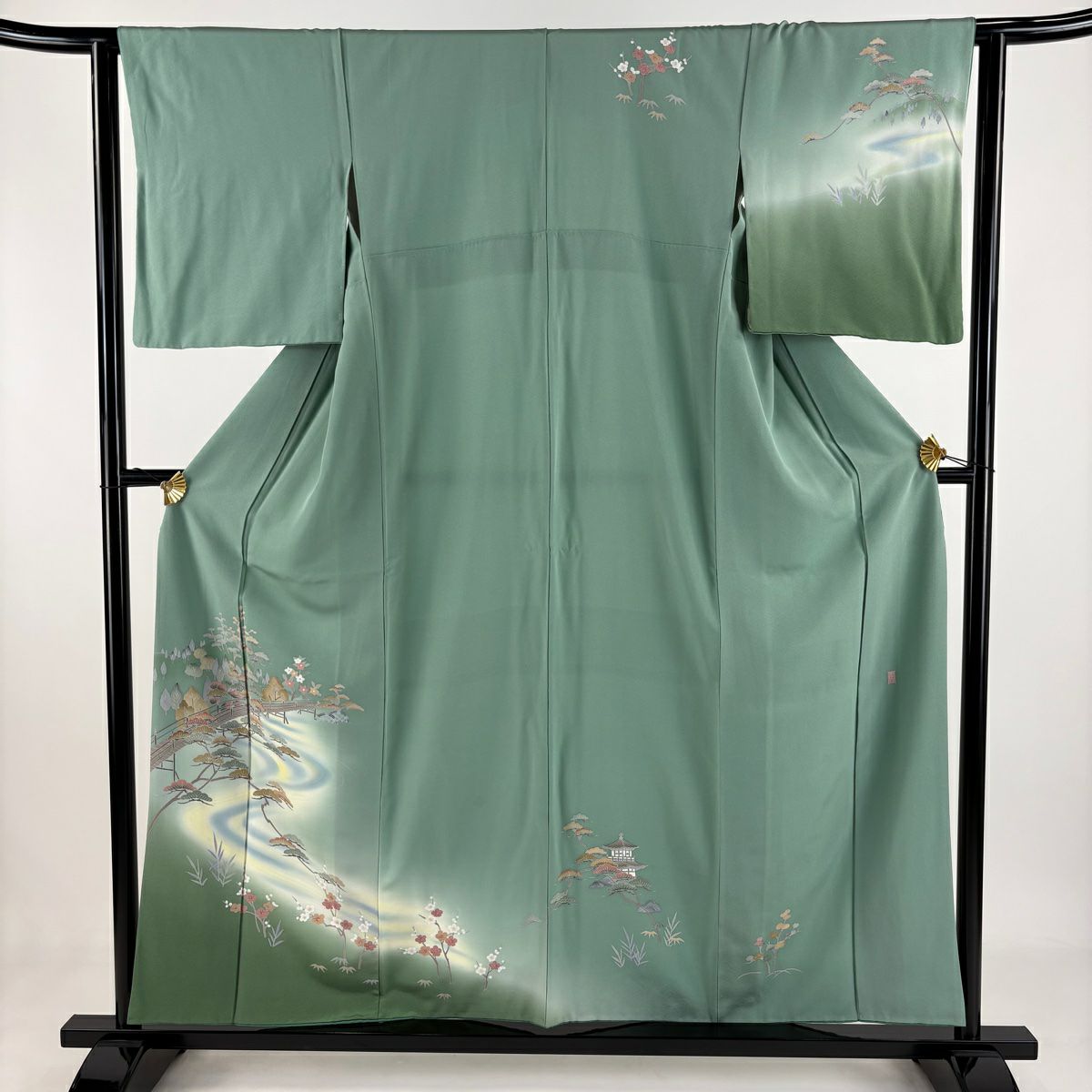 訪問服 身長156cm 袖長62.5cm S 雙層 落款有 松樹竹子梅花 橋 漸變 綠 純蠶絲 優品級