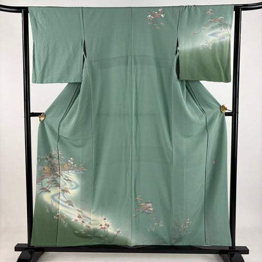 訪問服 身長156cm 袖長62.5cm S 雙層 落款有 松樹竹子梅花 橋 漸變 綠 純蠶絲 優品級