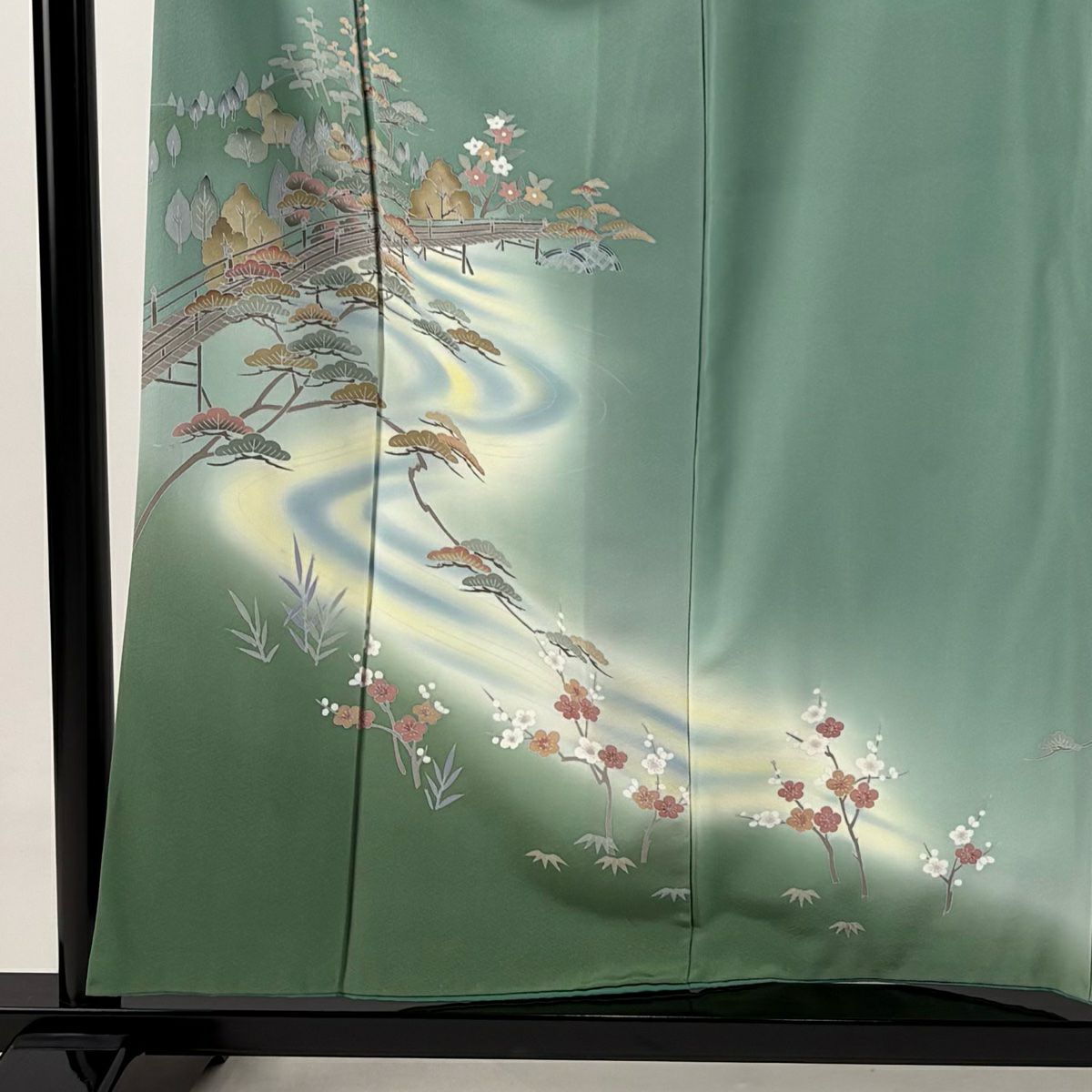 訪問服 身長156cm 袖長62.5cm S 雙層 落款有 松樹竹子梅花 橋 漸變 綠 純蠶絲 優品級
