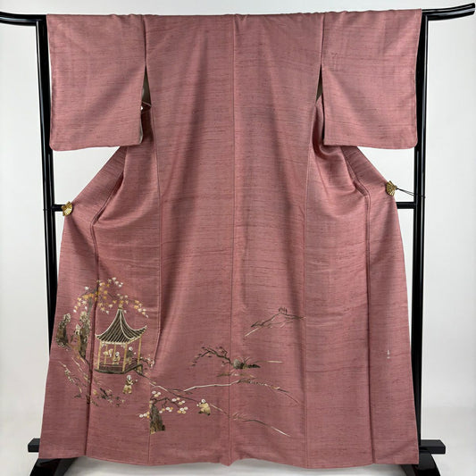 【美品】 付下 身長163.5cm 袖長65cm M 雙層 落款あり 人物 樹木 粉紅 純蠶絲 秀品級