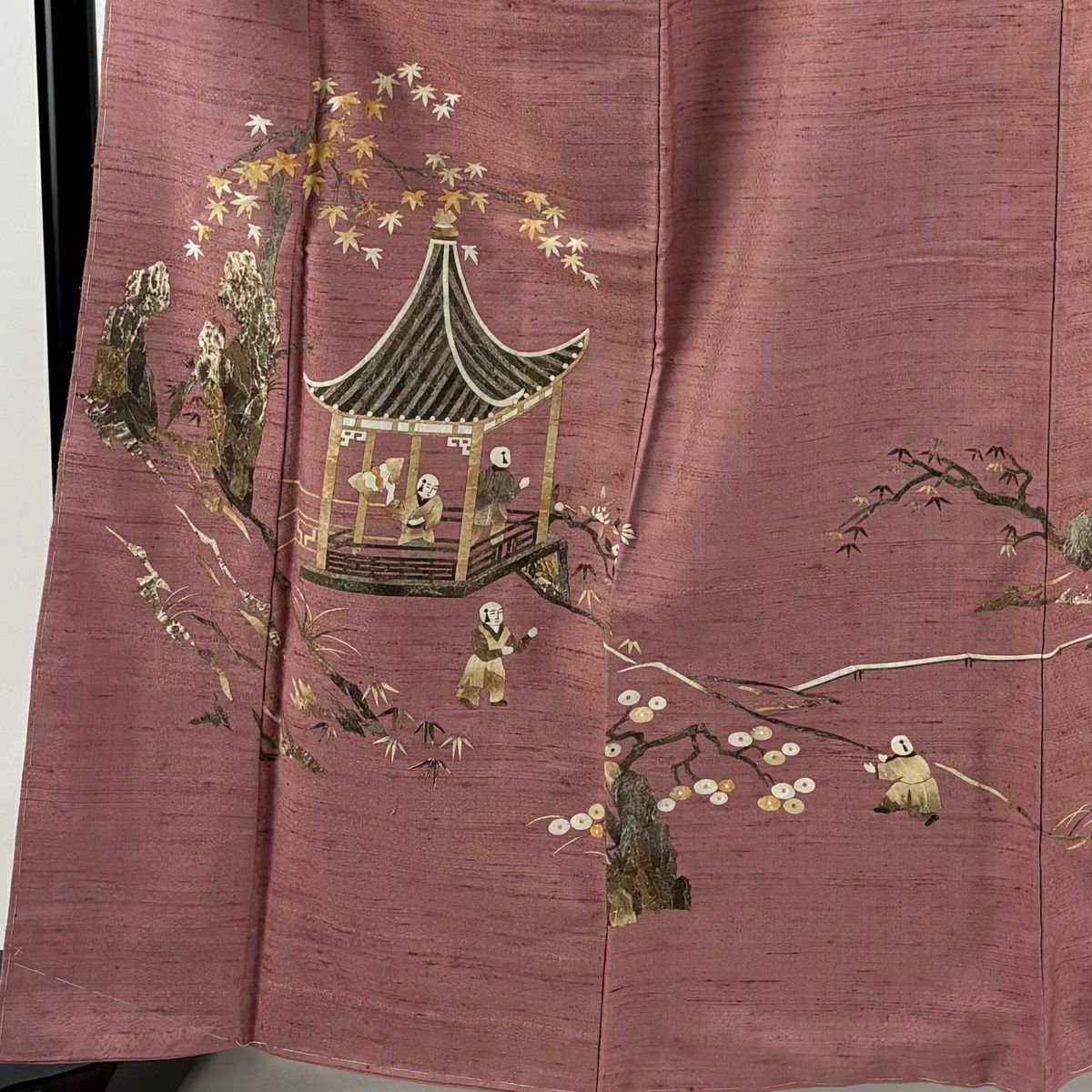 【美品】 付下 身長163.5cm 袖長65cm M 雙層 落款あり 人物 樹木 粉紅 純蠶絲 秀品級