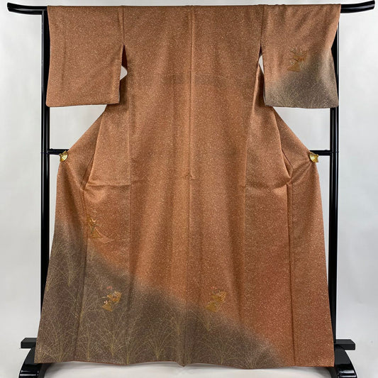【美品】 付下 身長165.5cm 袖長66cm M 雙層 短冊 草花紋紋 金糸刺繡 紅茶 純蠶絲 秀品級