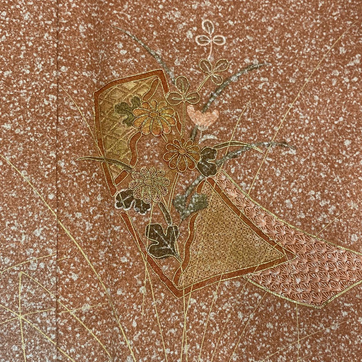 【美品】 付下 身長165.5cm 袖長66cm M 雙層 短冊 草花紋紋 金糸刺繡 紅茶 純蠶絲 秀品級