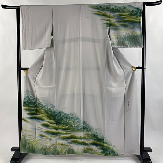 訪問服 身長161.5cm 袖長63.5cm S 雙層 鈴乃屋 落款あり 風景 家屋 漸層 灰色 純蠶絲 秀品級