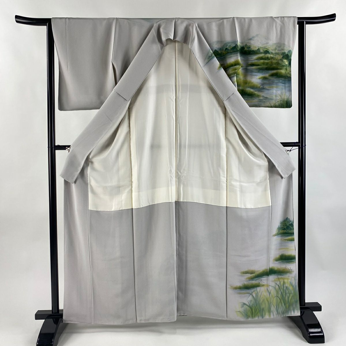 訪問服 身長161.5cm 袖長63.5cm S 雙層 鈴乃屋 落款あり 風景 家屋 漸層 灰色 純蠶絲 秀品級