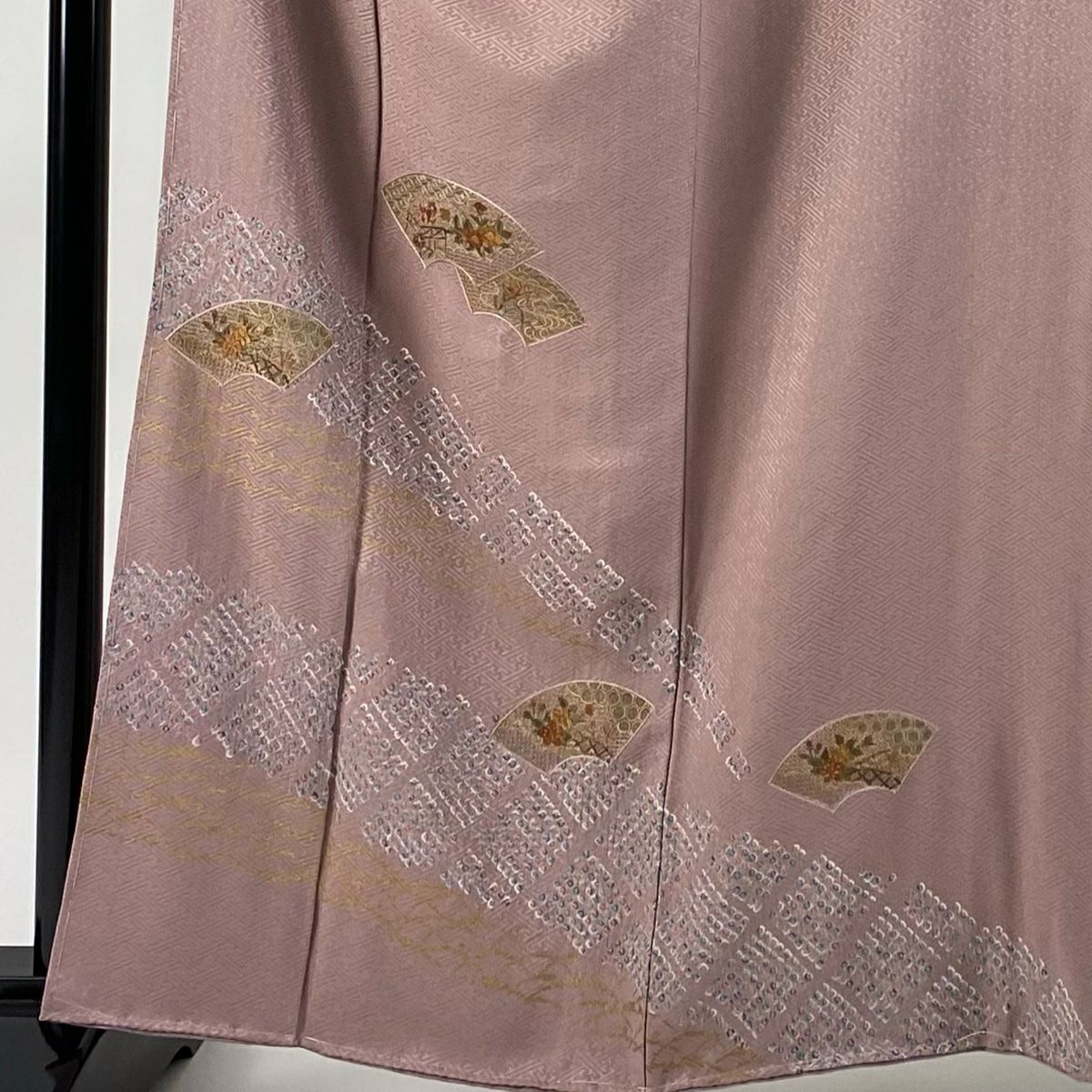 付下 身長162cm 袖長67cm M 雙層 扇子面 草花紋紋 拉麵刺繡 淺紫 純蠶絲 優品級
