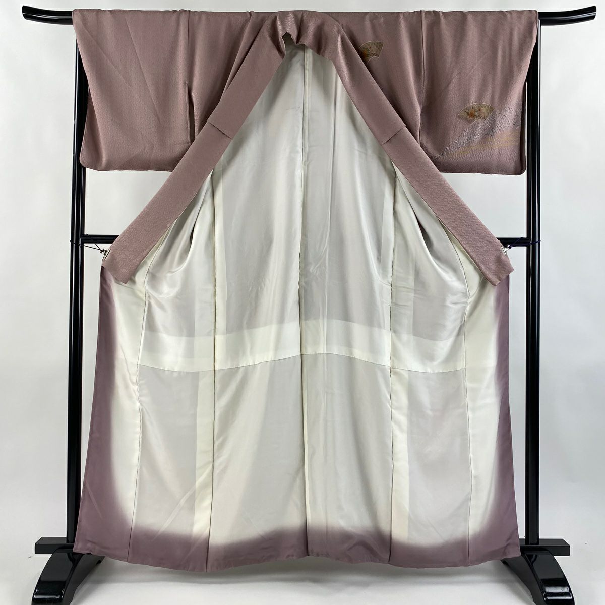 付下 身長162cm 袖長67cm M 雙層 扇子面 草花紋紋 拉麵刺繡 淺紫 純蠶絲 優品級