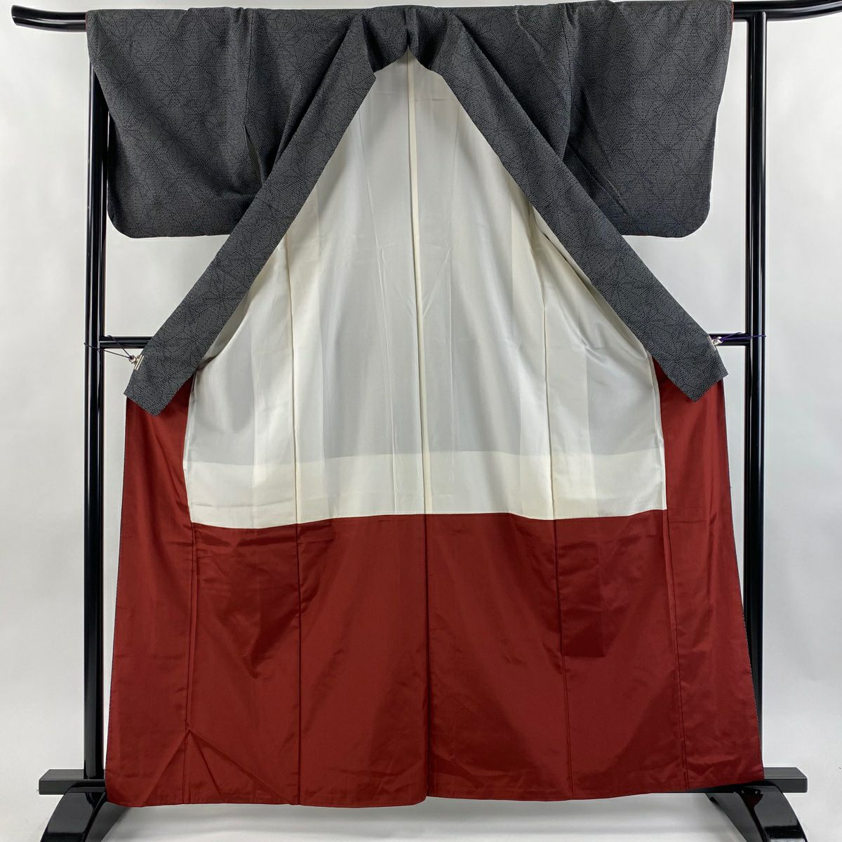 【美品】 紬織 身長163cm 袖長63cm S 雙層 麻葉 黑灰 純蠶絲 秀品級
