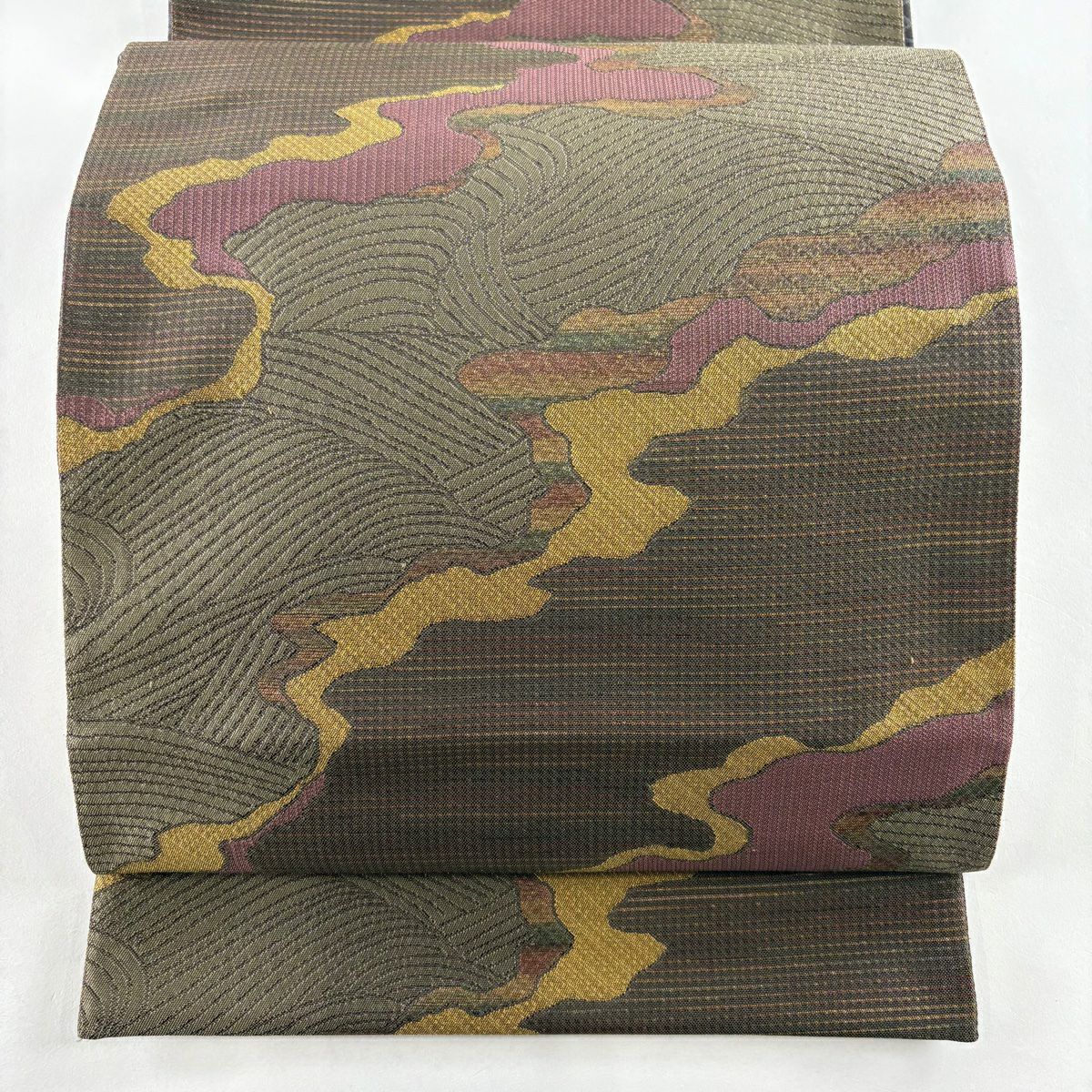 【美品】 袋帶 秀品級 道長取 波 金金箔 茶 六通 純蠶絲