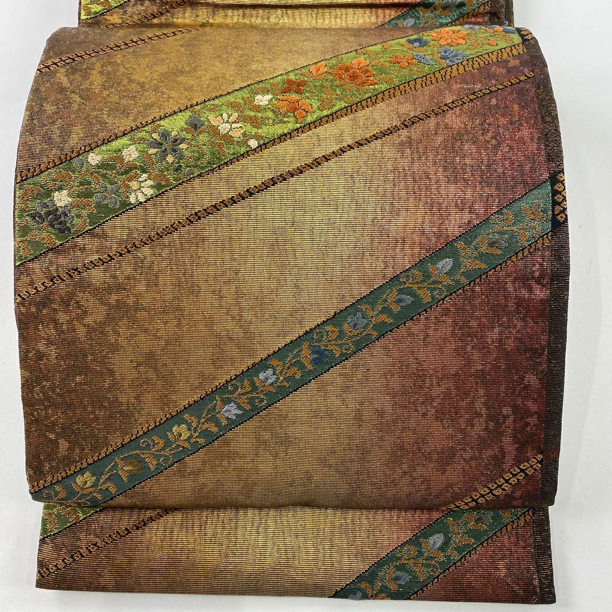 【美品】 袋帶 秀品級 草花紋紋 斜紋 金絲 金金箔 茶 六通 純蠶絲