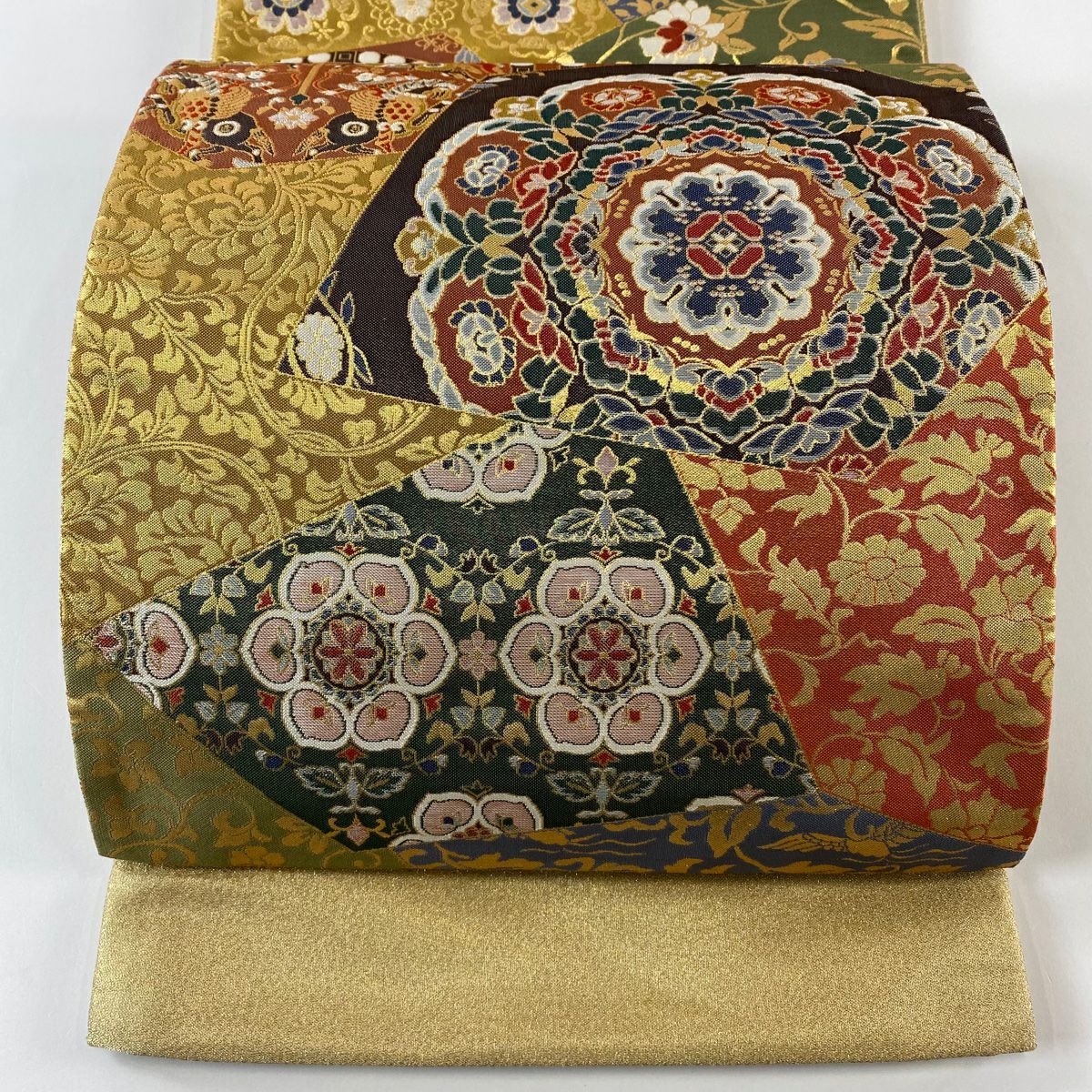 【美品】 袋帶 逸品級 明綴 萬華正倉裂文 連珠狩獵文 華紋 金絲 金金箔 黃土 深藍色 六通 純蠶絲