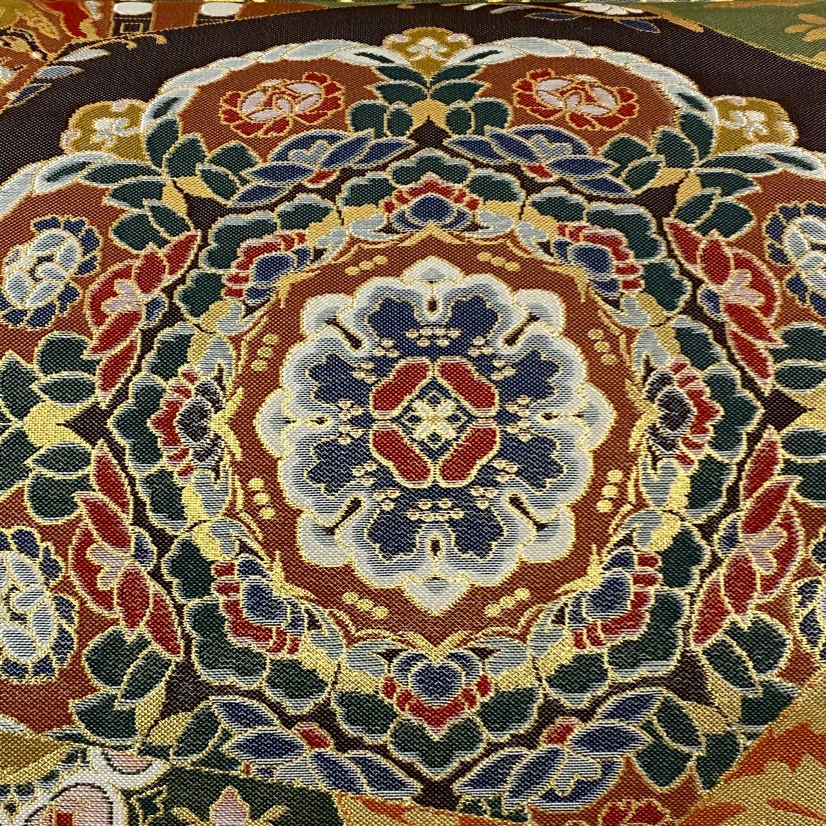 【美品】 袋帶 逸品級 明綴 萬華正倉裂文 連珠狩獵文 華紋 金絲 金金箔 黃土 深藍色 六通 純蠶絲