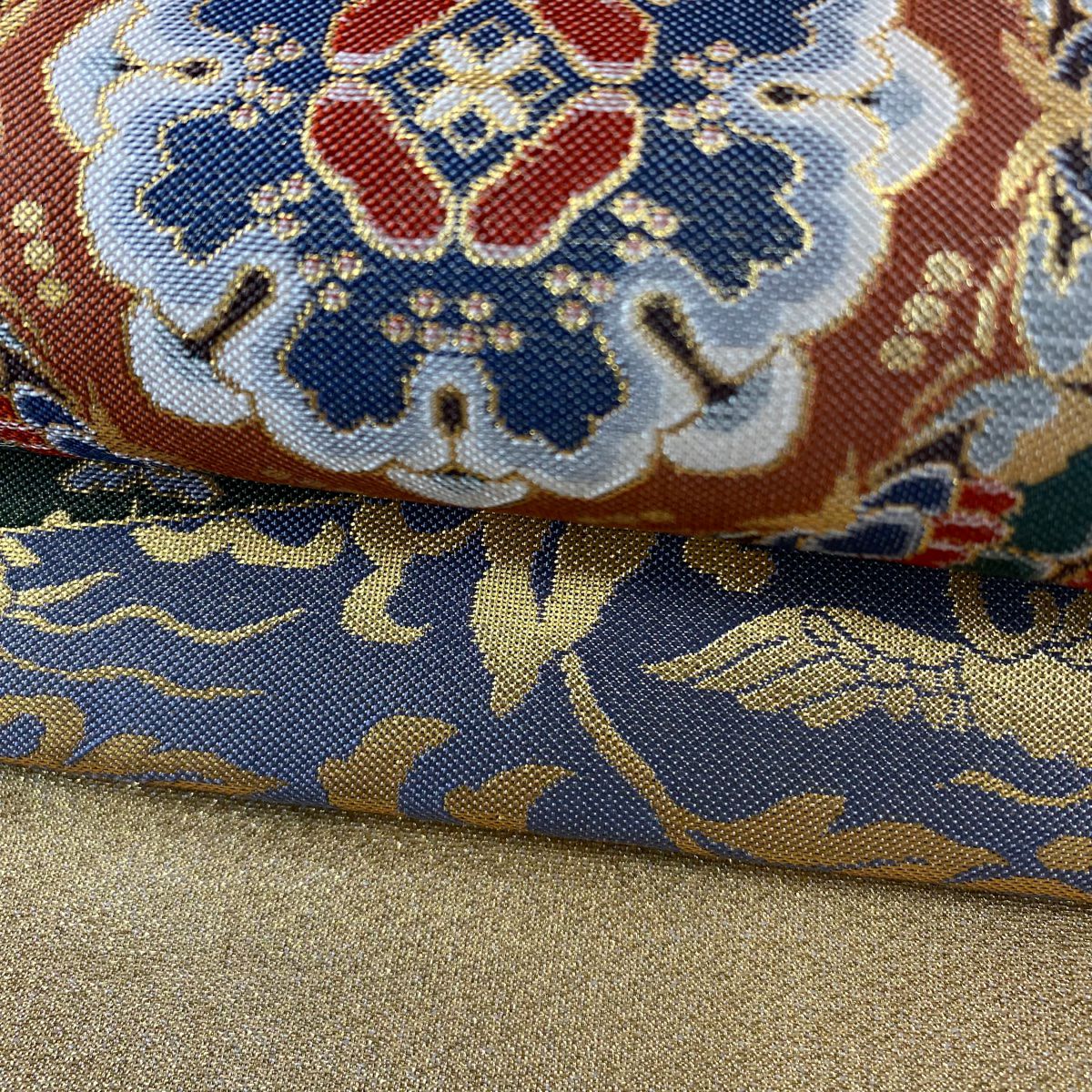 【美品】 袋帶 逸品級 明綴 萬華正倉裂文 連珠狩獵文 華紋 金絲 金金箔 黃土 深藍色 六通 純蠶絲