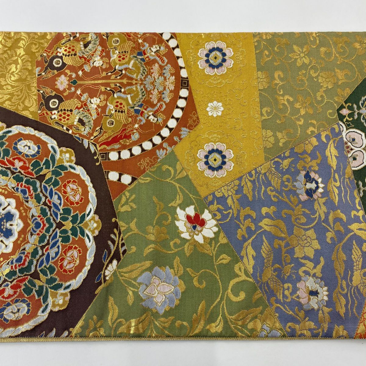 【美品】 袋帶 逸品級 明綴 萬華正倉裂文 連珠狩獵文 華紋 金絲 金金箔 黃土 深藍色 六通 純蠶絲