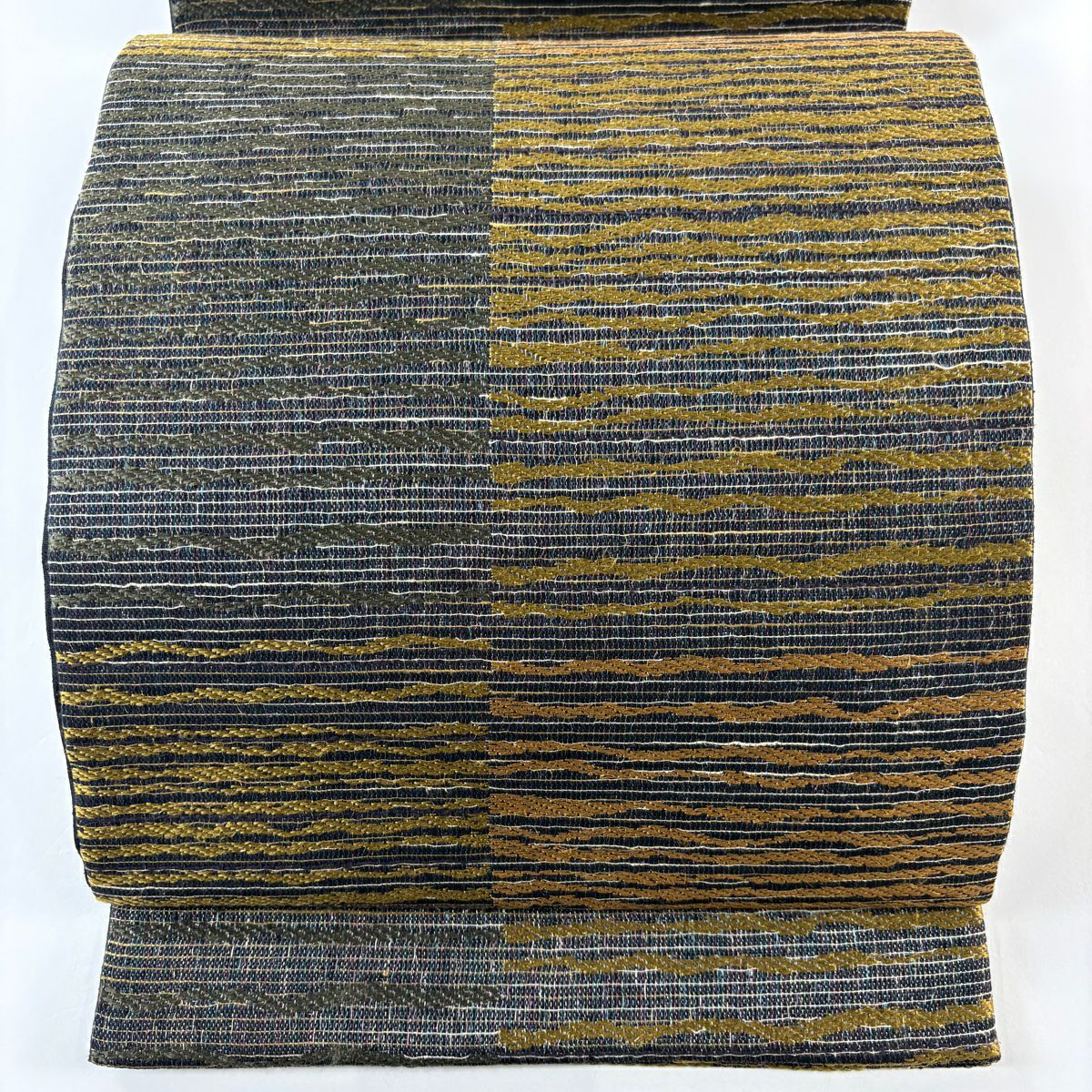 【清倉】 【美品】 袋帶 名品級 條紋 金絲 茶綠 六通 純蠶絲
