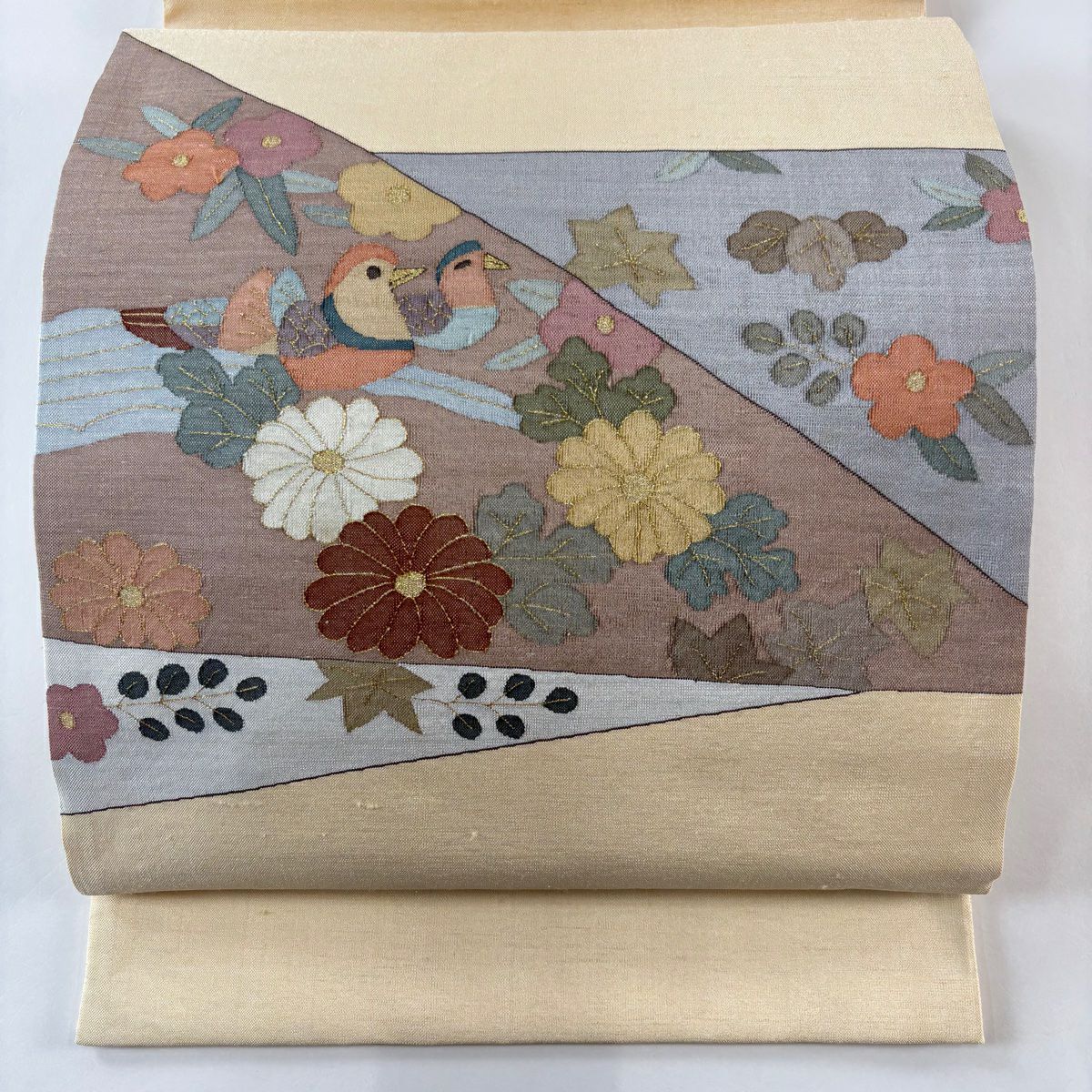 【庫存清倉】 袋帶 名品級 紬織織 鴛鴦 菊花 金絲 米色 大鼓圖案 純蠶絲