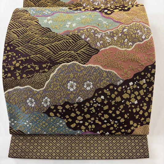 【庫存清倉】 【美品】 袋帶 名品級 金絲 茶紫 六通 純蠶絲