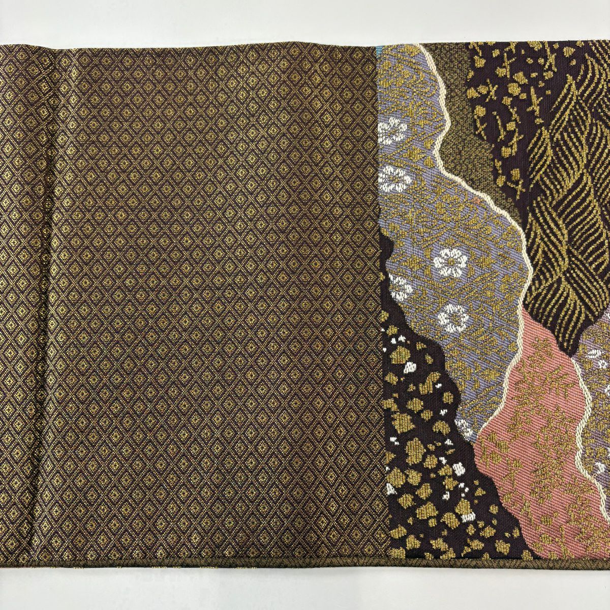 【庫存清倉】 【美品】 袋帶 名品級 金絲 茶紫 六通 純蠶絲