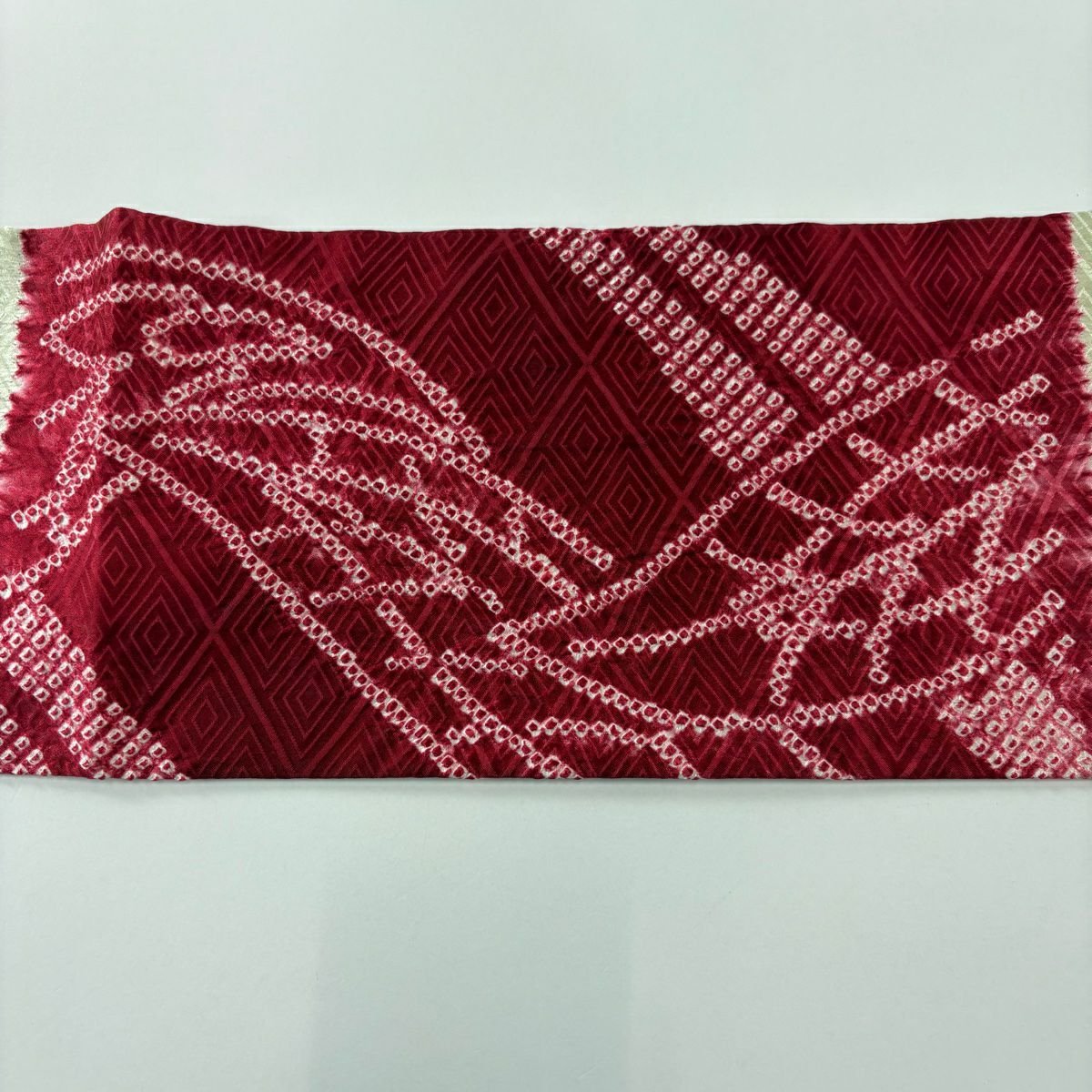 【美品】 名古屋帶 優品級 葉柄 地紋 絞染 深紅 純蠶絲