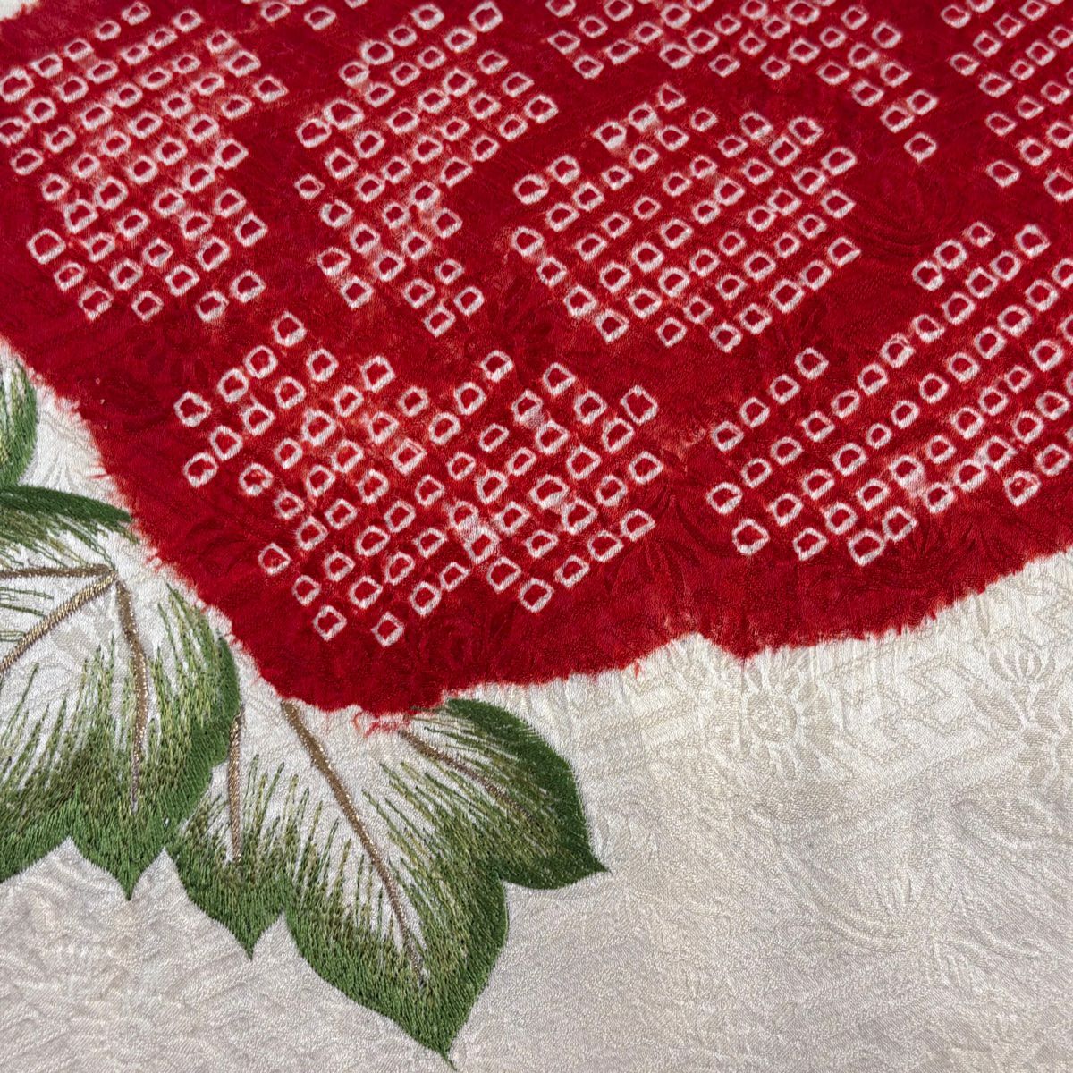 名古屋帶 優品級 草花紋紋 刺繡 絞染 奶油色 純蠶絲