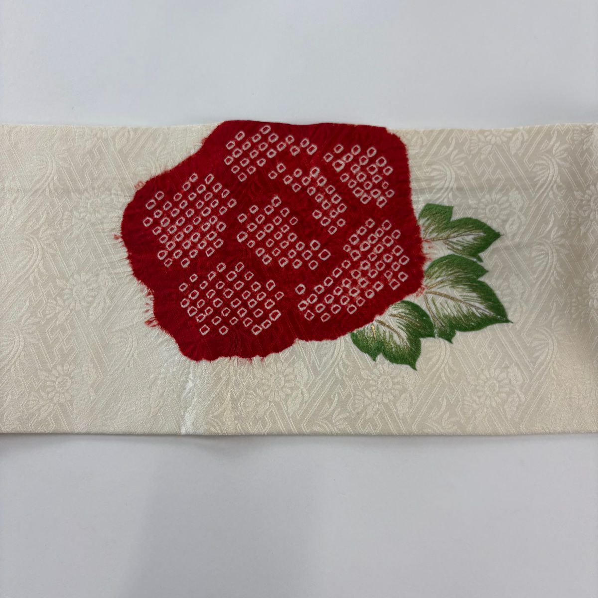 名古屋帶 優品級 草花紋紋 刺繡 絞染 奶油色 純蠶絲