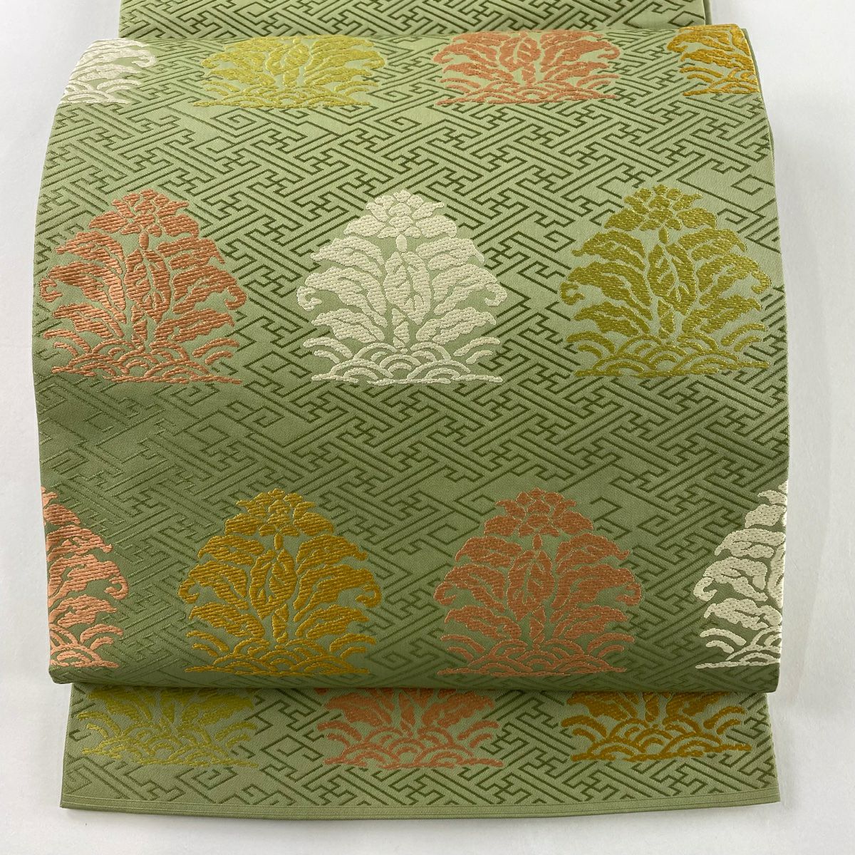 【美品】 袋帶 秀品級 關西仕立 草花紋 紗綾形 艾草綠 全通 純蠶絲