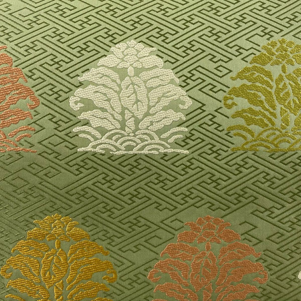 【美品】 袋帶 秀品級 關西仕立 草花紋 紗綾形 艾草綠 全通 純蠶絲