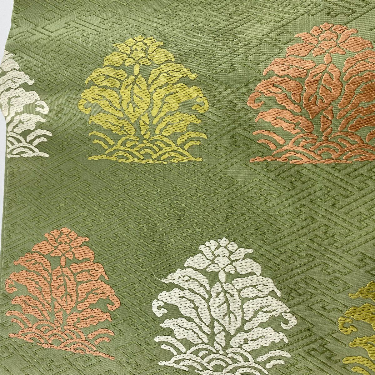 【美品】 袋帶 秀品級 關西仕立 草花紋 紗綾形 艾草綠 全通 純蠶絲