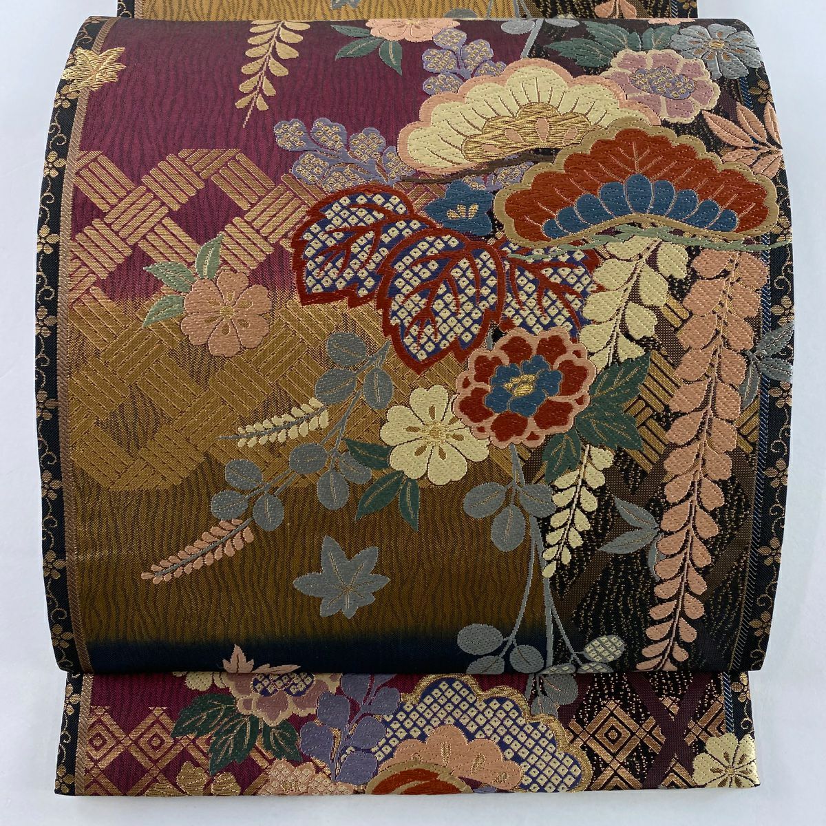 【美品】 袋帶 秀品級 笠松樹 桐 金絲 金金箔 淺茶 六通 純蠶絲