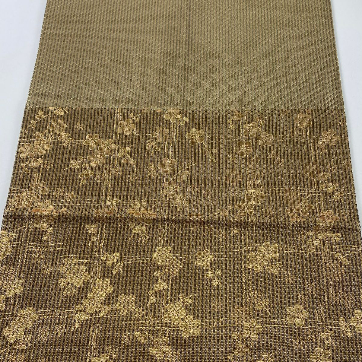 【美品】 袋帶 秀品級 笠松樹 桐 金絲 金金箔 淺茶 六通 純蠶絲