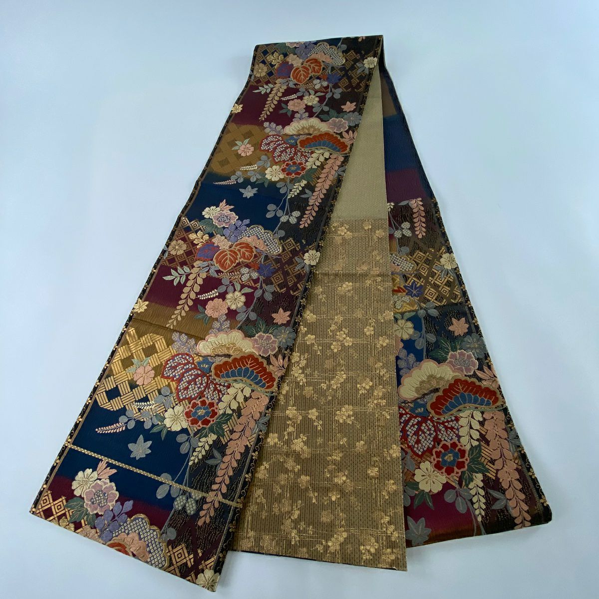 【美品】 袋帶 秀品級 笠松樹 桐 金絲 金金箔 淺茶 六通 純蠶絲