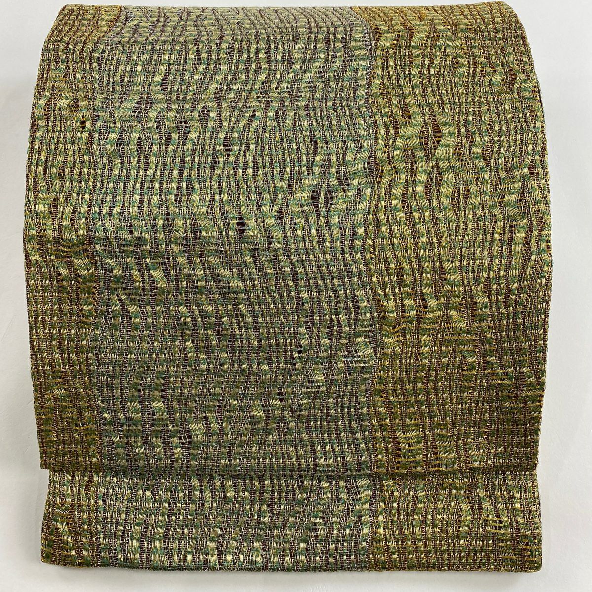 【美品】 袋帶 秀品級 よろけ縞 幾何學 金銀彩 金 純蠶絲